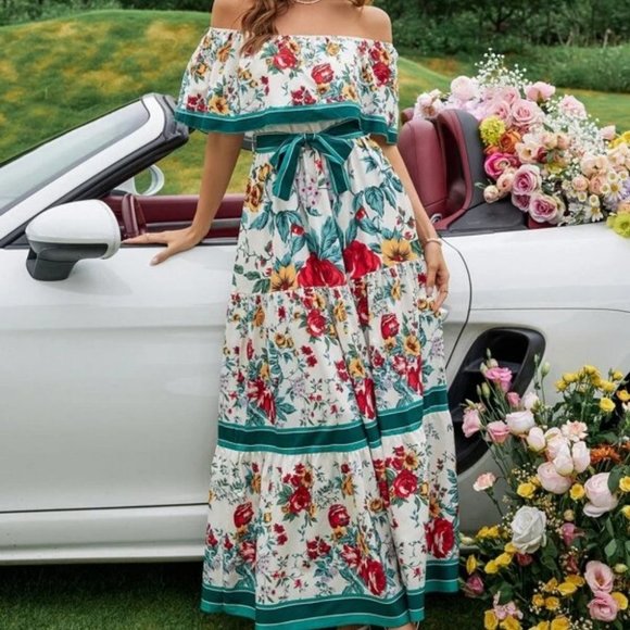 Floral Off Shoulder Ruffle Hem Belted Maxi Dress Multi color - Picture 5 of 6